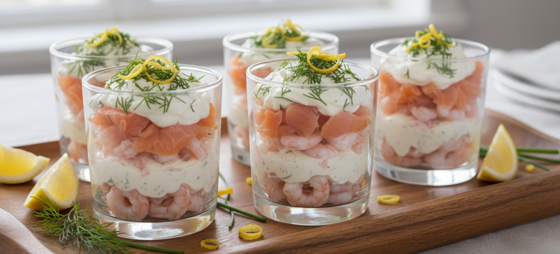 découvrez une recette gourmande de verrines au saumon fumé et crevettes, associées à un fromage frais onctueux, parfaite pour un apéritif raffiné et frais.