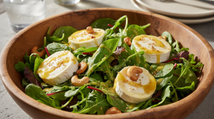 découvrez notre délicieuse salade de mesclun au fromage, rehaussée par une vinaigrette parfumée au yuzu, parfaite pour un repas estival léger et savoureux.