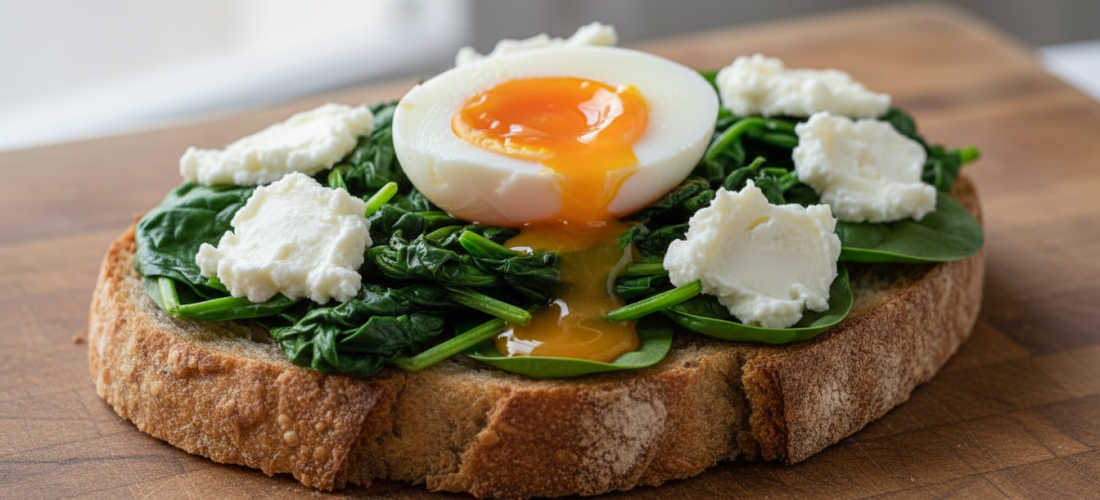 savourez une tartine gourmande et rapide avec des épinards frais, un œuf mollet fondant et du fromage frais onctueux, parfaite pour un repas express et délicieux.