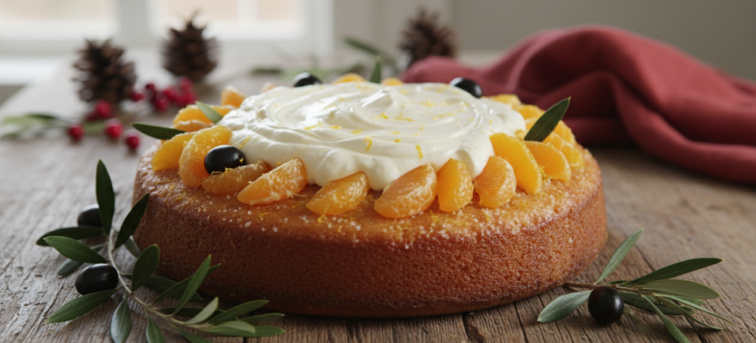 savourez un gâteau moelleux à la clémentine, délicatement parfumé à l’huile d’olive citronnée, accompagné d’une onctueuse crème mascarpone, pour un délice festif irrésistible.