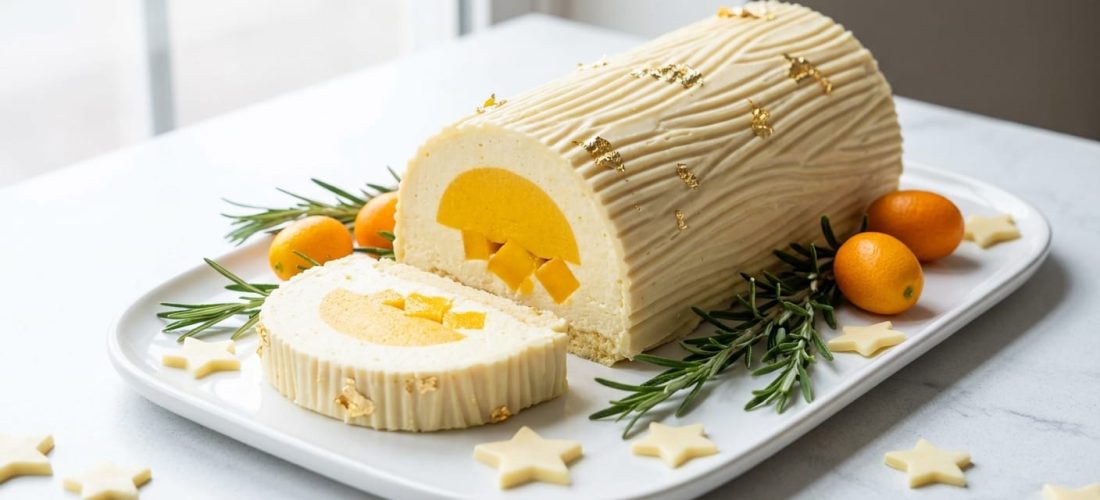savourez la fraîcheur avec notre bûche gourmande alliant fromage crémeux et mangue exotique pour un dessert léger et délicieux.