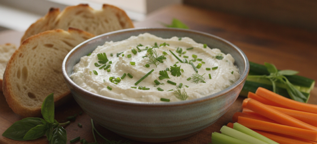 savourez notre dip aux herbes aromatiques fraîches et fromage de chèvre onctueux, parfait pour une touche gourmande et légère lors de vos apéritifs.