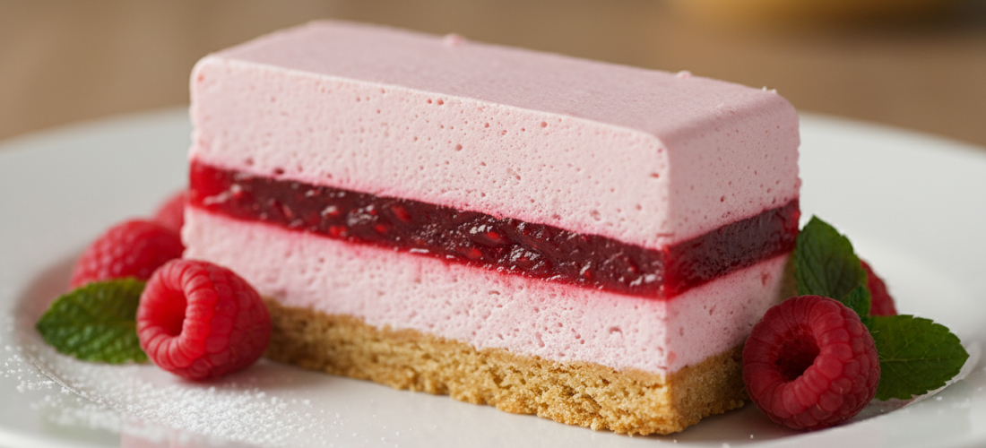 savourez notre délice glacé à la framboise, alliant biscuit aux amandes croustillant, mousse légère et insert gélifié pour une découpe parfaite et un goût exquis.