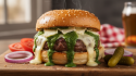 savourez un burger gourmand alliant un steak de bœuf juteux, un pesto parfumé et un fromage à raclette fondant pour une expérience délicieuse et réconfortante.