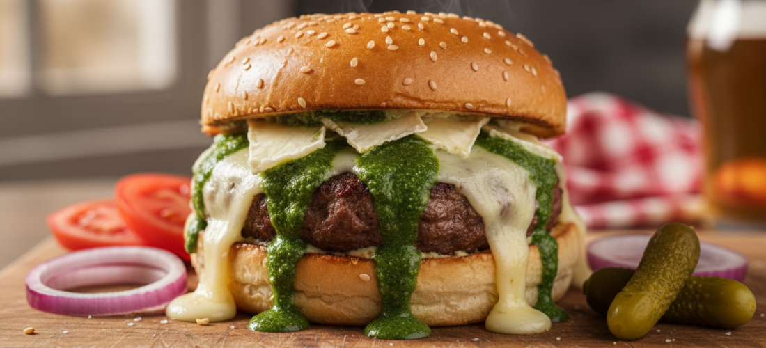 savourez un burger gourmand alliant un steak de bœuf juteux, un pesto parfumé et un fromage à raclette fondant pour une expérience délicieuse et réconfortante.