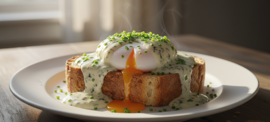savourez un délice gourmand avec notre œuf poché parfaitement cuit, posé sur un toast croustillant et généreusement nappé d'une onctueuse crème au bleu, pour une expérience gustative raffinée.
