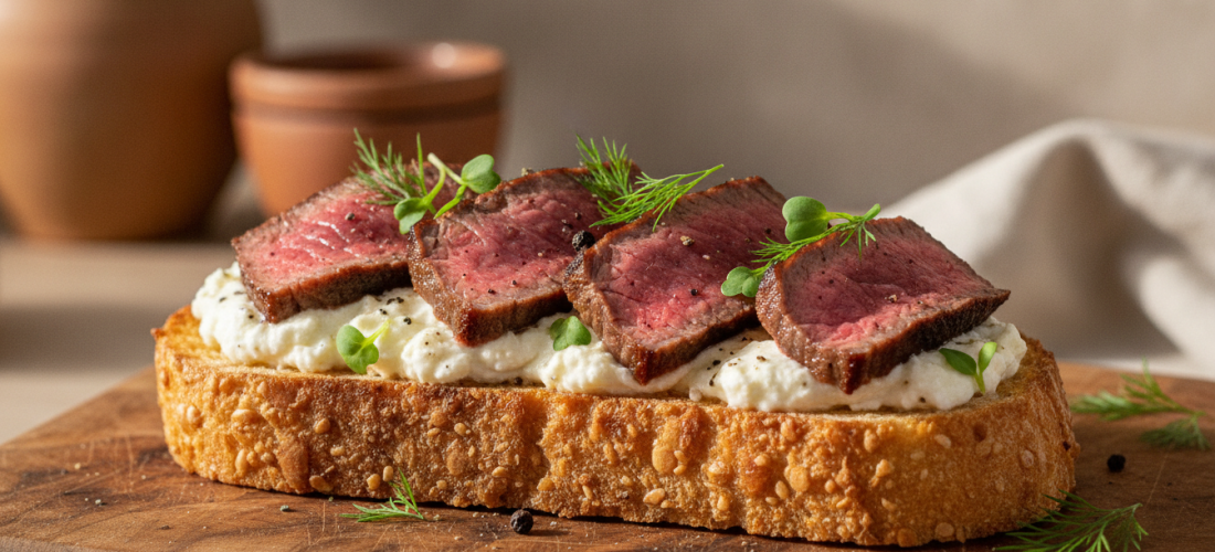 savourez une tartine croustillante au filet mignon et fromage frais, une recette gourmande alliant douceur et texture pour un plaisir gustatif unique.