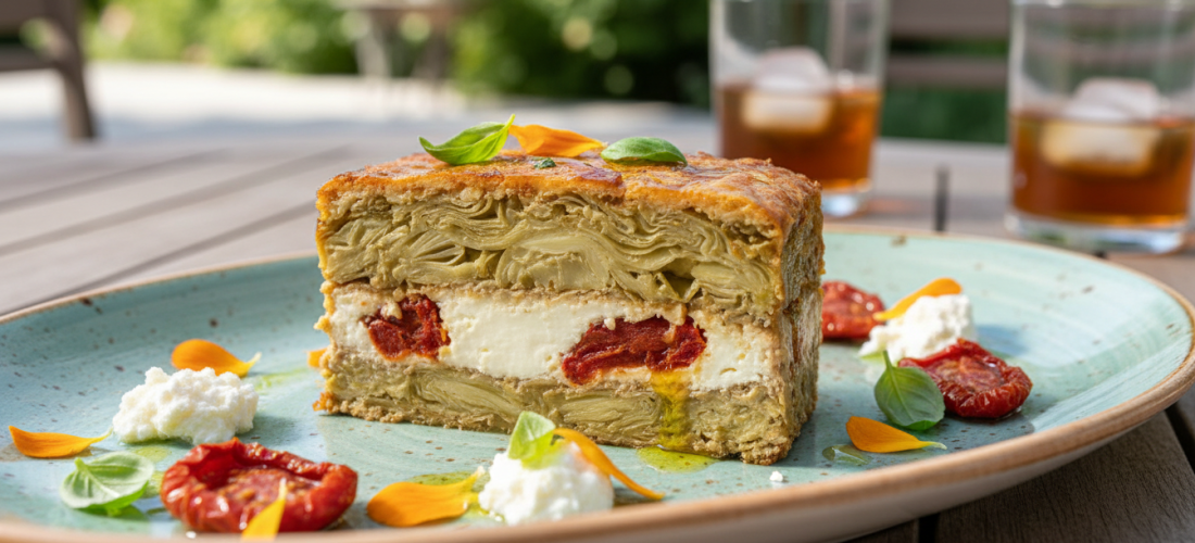 découvrez la terrine d’artichaut au fromage frais, relevée par des éclats de tomate séchée, un délice gourmand parfait pour vos apéritifs et repas élégants.