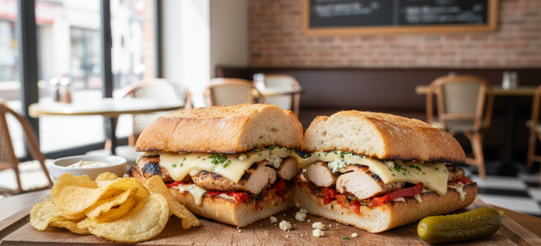 savourez un délice grillé avec notre sandwich au poulet et fromage bleu, alliant saveurs riches et goût intense pour un repas gourmand et authentique.