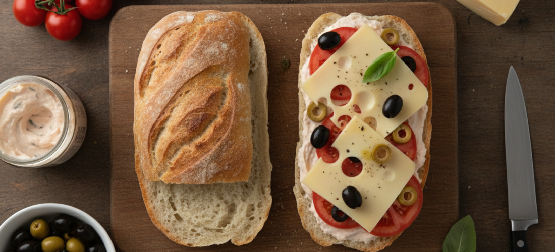 savourez un sandwich léger et gourmand alliant tomates fraîches, olives savoureuses, tarama de cabillaud délicat et emmental fondant pour un délice irrésistible.