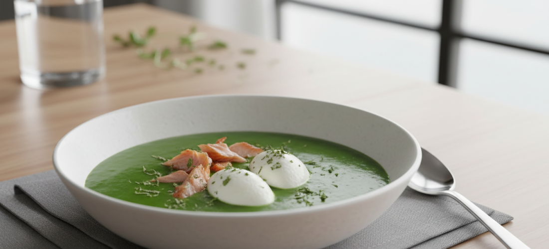 découvrez notre recette gourmande de velouté de petits pois, agrémenté de truite fumée et de fromage frais, pour un délice onctueux à savourer en toute simplicité.