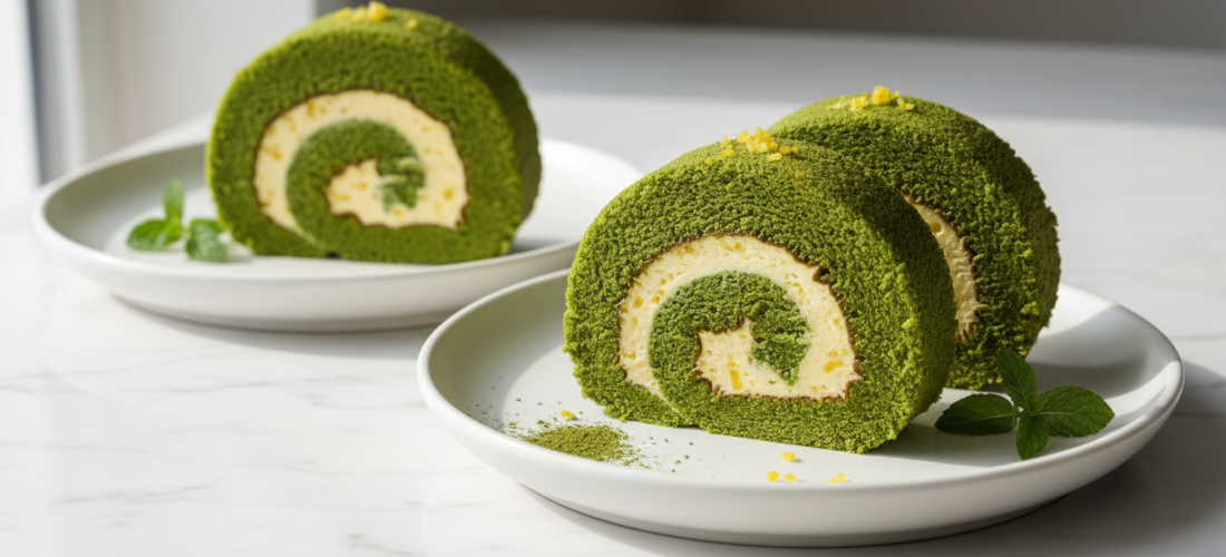 découvrez notre délice roulé au thé matcha, délicatement nappé d'une crème citronnée légère pour une douceur savoureuse et rafraîchissante.