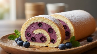 découvrez le délice roulé, une douceur aérienne garnie d'une mousse légère et fruitée à la myrtille, parfaite pour un dessert gourmand et raffiné.