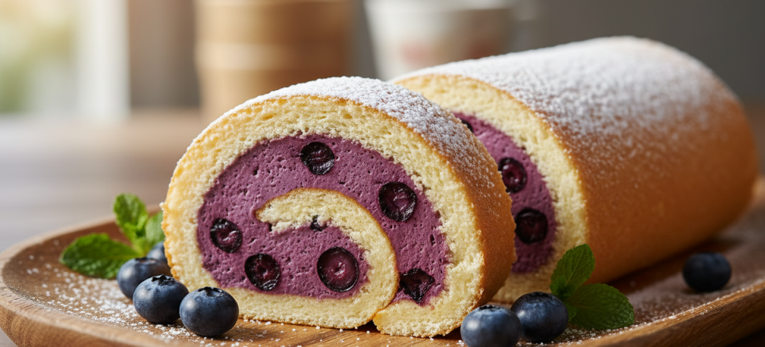 découvrez le délice roulé, une douceur aérienne garnie d'une mousse légère et fruitée à la myrtille, parfaite pour un dessert gourmand et raffiné.
