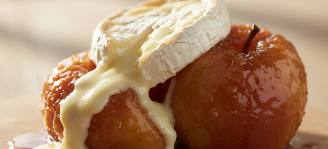 découvrez la gourmandise sucrée-salée avec nos pommes au four caramélisées, généreusement enrobées de camembert fondant pour une explosion de saveurs.