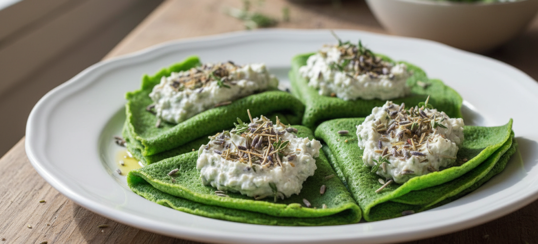 découvrez délices verts : des crêpes aux épinards savoureuses, accompagnées d'une tartinade végétale aux herbes de provence, pour une explosion de saveurs naturelles et gourmandes.