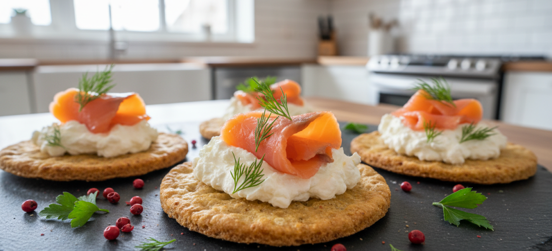 découvrez nos crackers légers au saumon fumé et fromage frais onctueux, un délice croquant parfait pour vos apéritifs gourmands et raffinés.