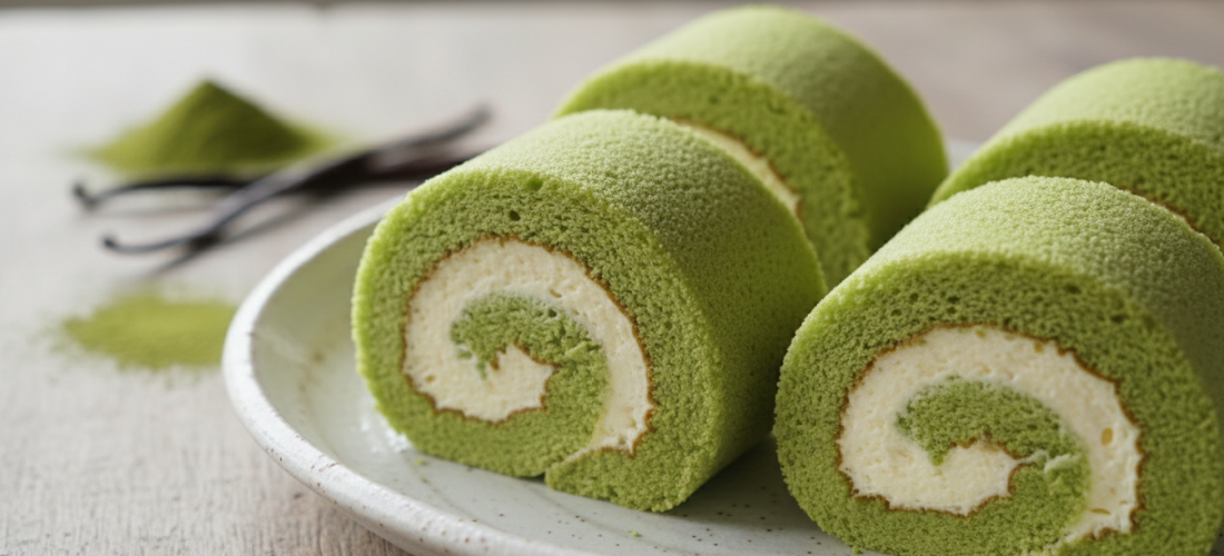 découvrez nos roulés moelleux au thé vert matcha, garnis d'une crème onctueuse à la vanille, pour un délice léger et savoureux.