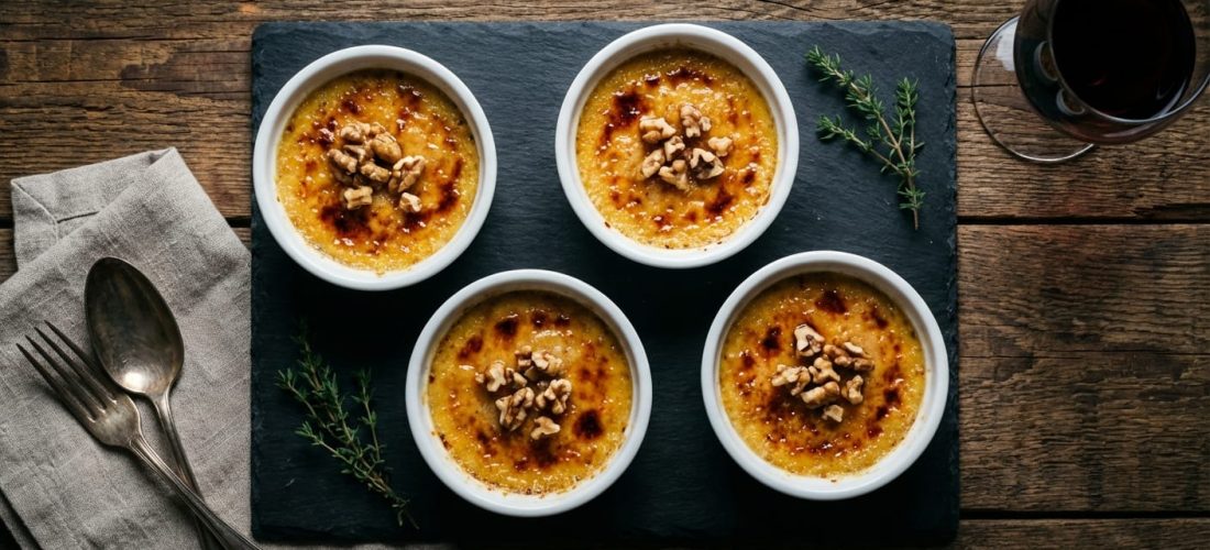 découvrez notre recette originale de crème brûlée au maroilles et noix, alliant saveurs authentiques et gourmandise pour un dessert unique et délicieux.
