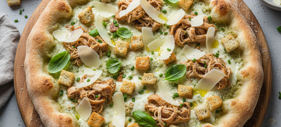 savourez notre délicieuse pizza césar, généreusement garnie de copeaux de parmesan pour une explosion de saveurs authentiques.