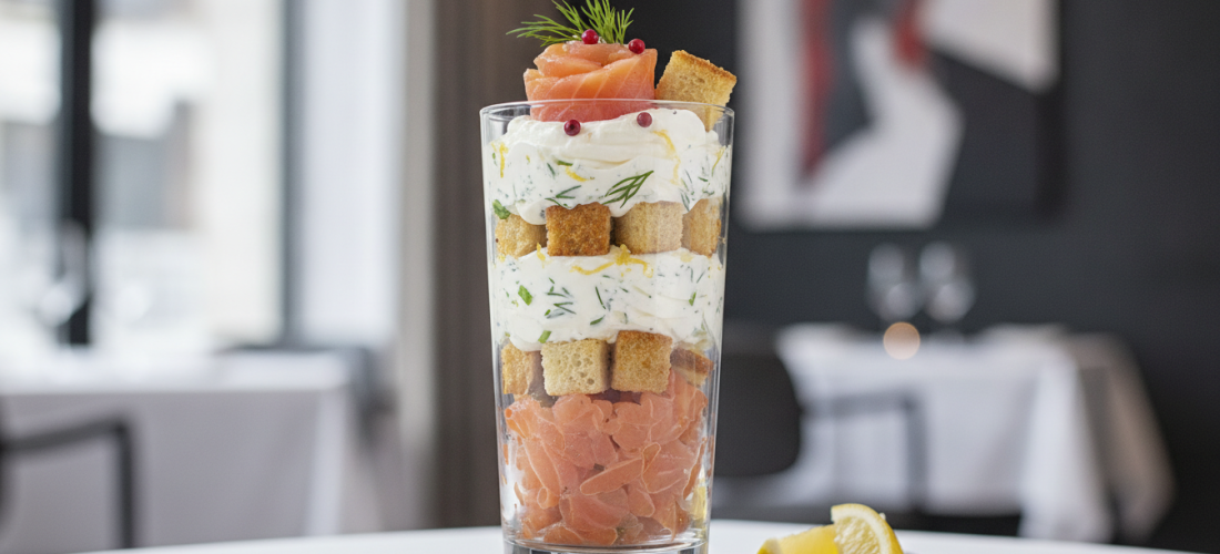 découvrez notre verrine gourmande alliant saumon fumé, brioche moelleuse et fromage frais aux ail et fines herbes, une recette délicate et savoureuse idéale pour toutes vos occasions.