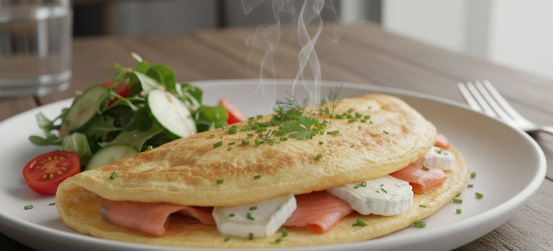 découvrez notre recette gourmande d'omelette au saumon fumé et fromage de chèvre, facile à préparer et parfaite pour un repas savoureux et rapide.