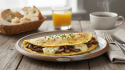 savourez une délicieuse omelette moelleuse garnie de champignons frais et de fromage crémeux, parfaite pour un repas gourmand et réconfortant.