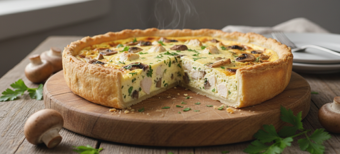 découvrez notre recette de quiche légère au poulet, champignons frais et persil parfumé, une délicieuse option savoureuse et facile à préparer pour un repas équilibré.