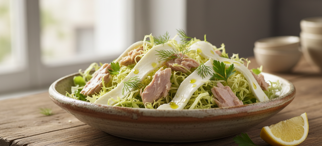 découvrez une recette gourmande et facile de salade frisée au thon accompagnée de fines languettes de fromage frais, parfaite pour un repas sain et délicieux.