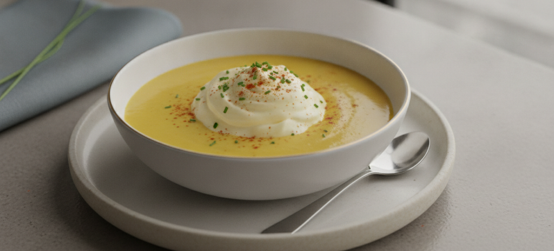 savourez notre délicieuse soupe de maïs onctueuse au fromage, rehaussée d'une chantilly gourmande pour un plaisir unique et réconfortant.