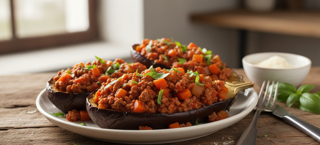 découvrez notre recette gourmande et saine d'aubergines farcies à la bolognaise allégée, idéale pour un repas savoureux et équilibré.