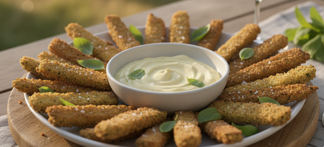découvrez nos délicieuses frites de courgettes croustillantes, servies avec une sauce onctueuse au yaourt et citron confit pour une explosion de saveurs légères et gourmandes.
