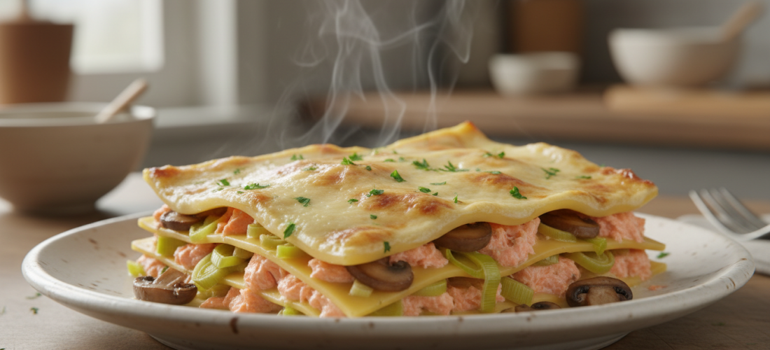 savourez nos lasagnes légères au saumon, poireaux et champignons, agrémentées d'une béchamel onctueuse et allégée pour un repas gourmand et équilibré.