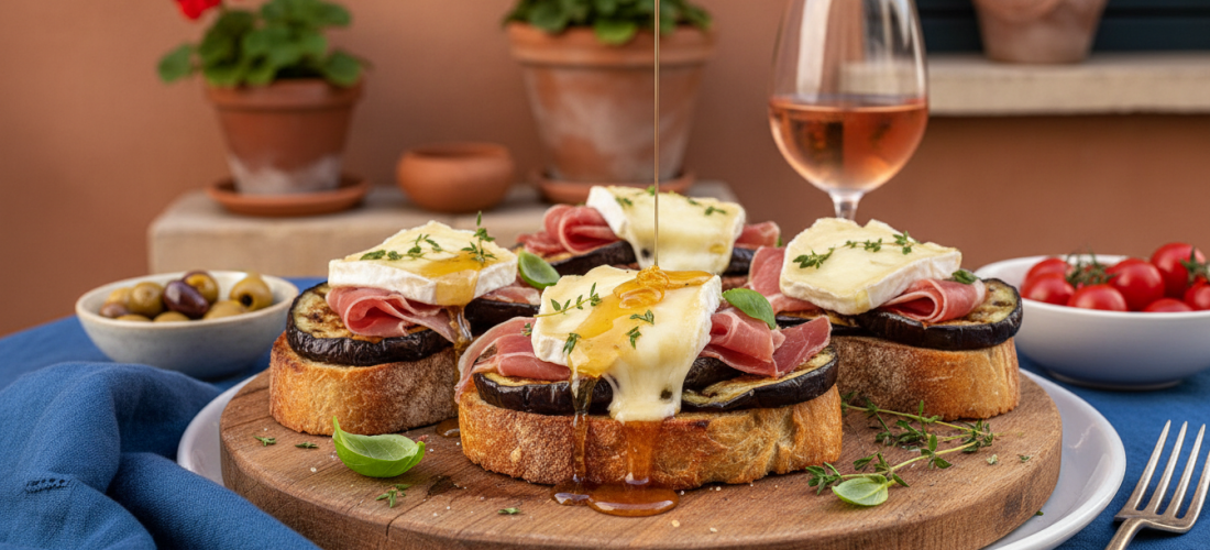 savourez nos toasts gourmands au jambon cru, fromage de brebis et aubergines rôties, une recette simple et délicieuse pour un apéritif ou un repas léger.