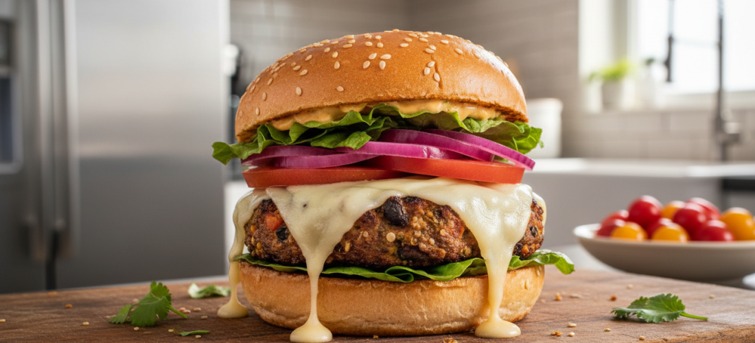 découvrez notre délicieux burger végétarien au fromage fondant, garni d'oignons marinés savoureux pour une explosion de saveurs à chaque bouchée.