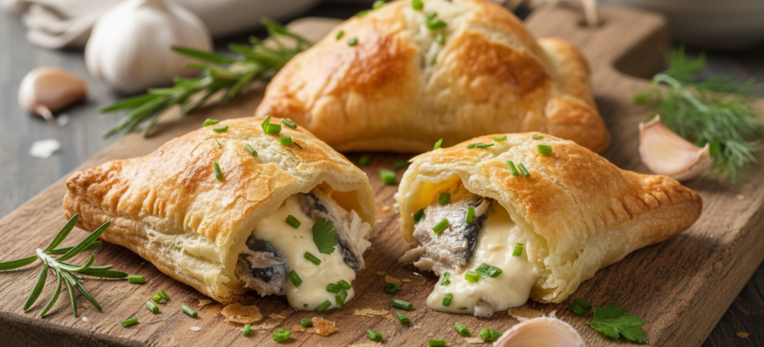 découvrez notre recette savoureuse de chaussons de sardines garnis de fromage frais parfumé à l'ail et aux fines herbes, pour un délicieux mélange de saveurs à chaque bouchée.