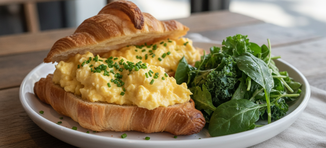découvrez notre recette gourmande de croissants garnis d'œufs brouillés onctueux et de fromage frais, pour un petit-déjeuner savoureux et facile à préparer.