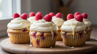 savourez nos délicieux cupcakes vanille et framboise, garnis de crème au fromage frais et nappage de chocolat blanc, pour un dessert gourmand et raffiné.