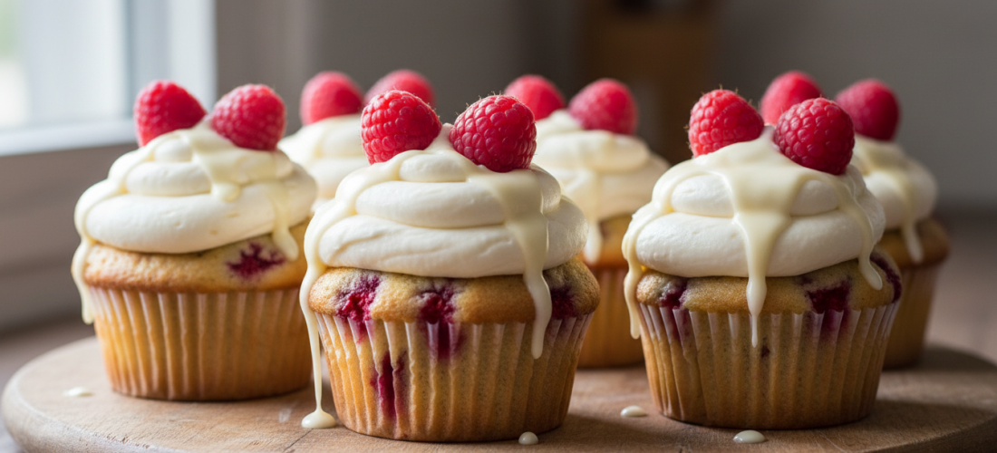 savourez nos délicieux cupcakes vanille et framboise, garnis de crème au fromage frais et nappage de chocolat blanc, pour un dessert gourmand et raffiné.