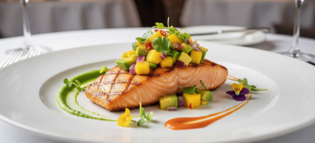 savourez un saumon grillé tendre et juteux, parfaitement accompagné d'une salsa fraîche mangue-avocat pour une explosion de saveurs exotique et légère.