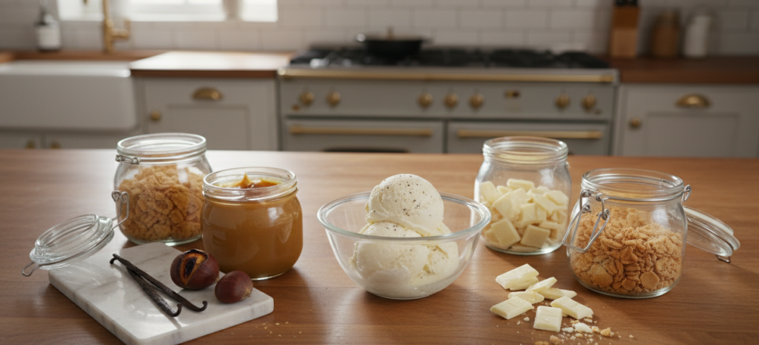 savourez l'explosion gourmande de la sphère mont-blanc glacée, une délicieuse union de crème de marrons onctueuse, meringue croustillante et glace vanille rafraîchissante.