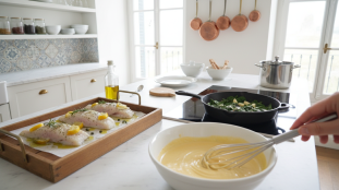 découvrez notre filet de cabillaud rôti, servi avec des épinards à l'ail et une onctueuse crème de fromage frais, pour un plat savoureux et équilibré.