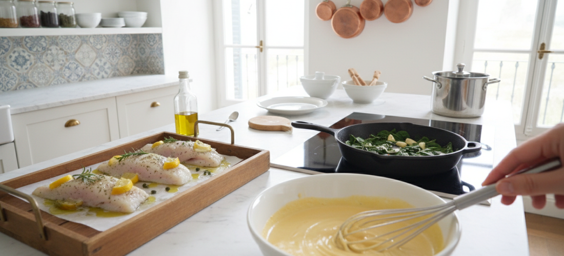 découvrez notre filet de cabillaud rôti, servi avec des épinards à l'ail et une onctueuse crème de fromage frais, pour un plat savoureux et équilibré.