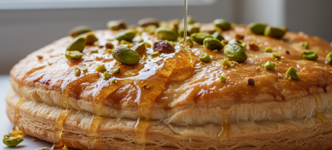 découvrez une galette feuilletée croustillante garnie de miel tiède et de pistaches fondantes pour une épiphanie gourmande et savoureuse à partager en famille ou entre amis.