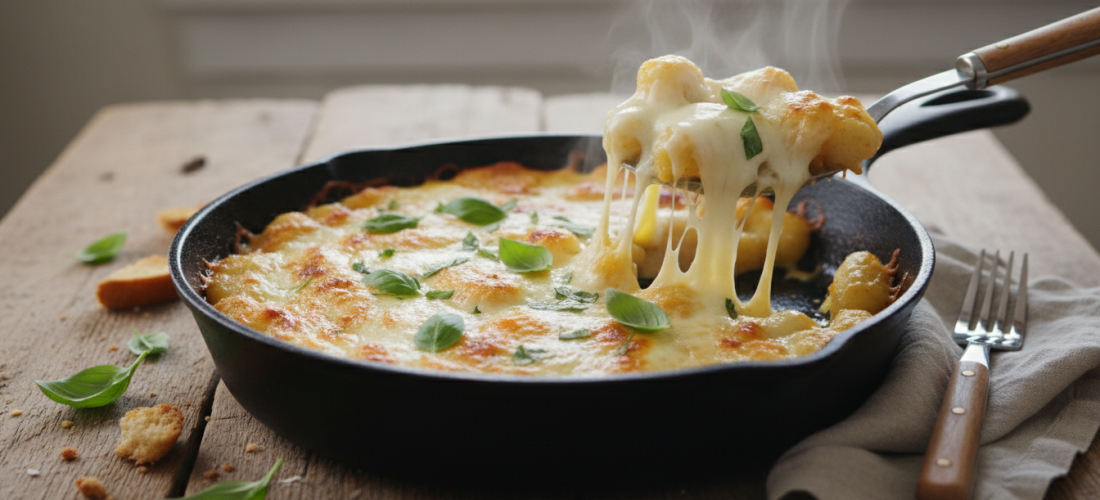 savourez des gnocchis gratinés à la sauce tomate chaude, accompagnés d'une ricotta onctueuse et d'une mozzarella fondante, pour un délicieux voyage gourmand au cœur de l’italie.