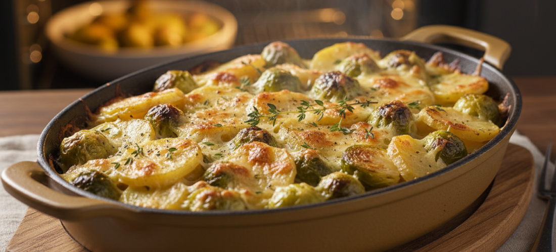 découvrez notre gratin d’hiver aux choux de bruxelles, pommes de terre et crème à la moutarde, un plat réconfortant et savoureux qui réunit toute la famille autour de la table.