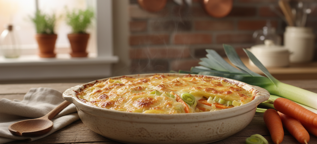découvrez notre recette facile et dorée de gratin fondant aux pommes de terre, poireaux et carottes, parfaite pour des repas quotidiens savoureux et réconfortants.