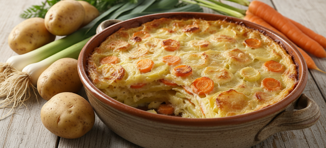 découvrez notre recette simple de gratin fondant aux pommes de terre, poireaux et carottes, idéal pour un plat savoureux et parfaitement doré à partager en famille.