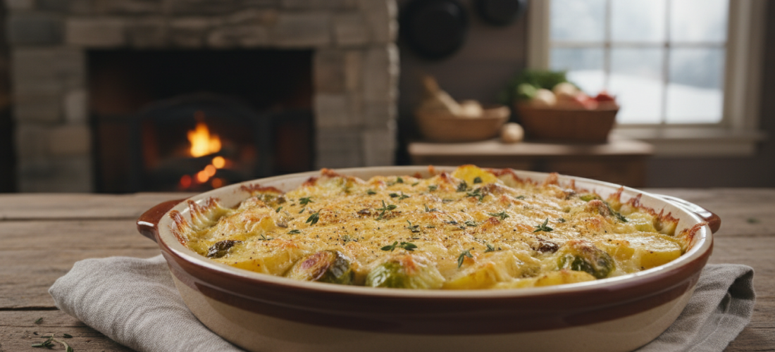 découvrez notre recette de gratin hivernal aux choux de bruxelles et pommes de terre, avec une cuisson préparatoire qui sublime ce plat chaleureux et réconfortant, parfait pour les soirées d'hiver.