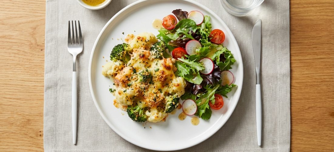 découvrez une recette minceur gourmande avec ce gratin sain et savoureux de brocoli, chou-fleur et saumon, parfait pour allier plaisir et équilibre nutritionnel.